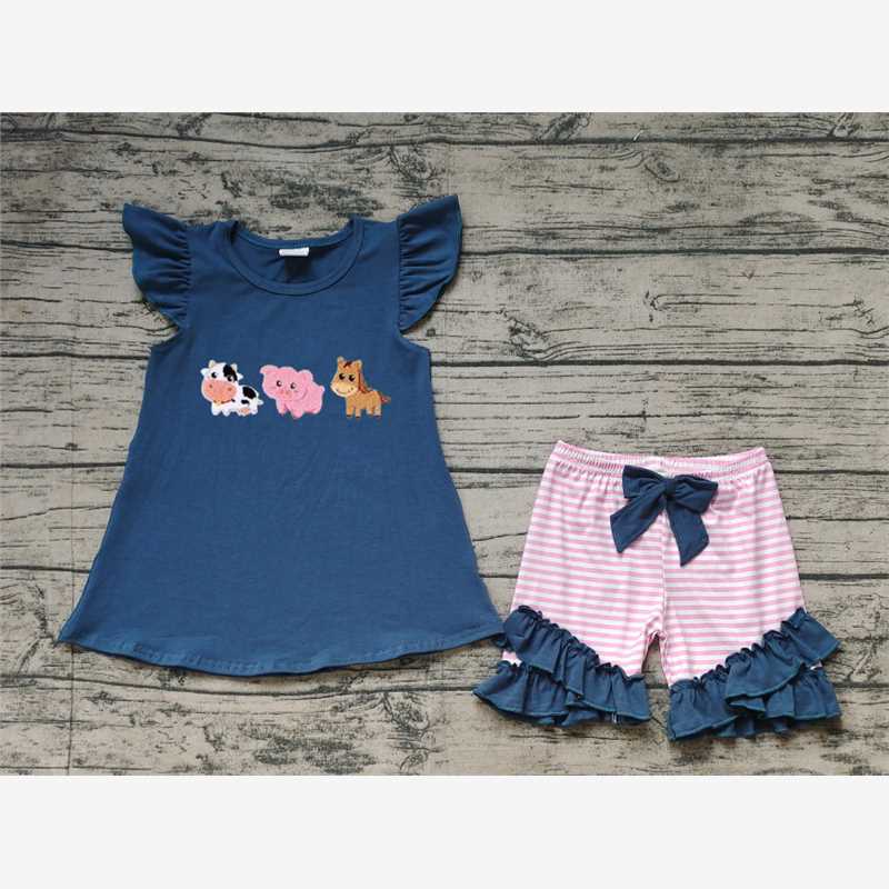 Match Baby Boys Girls Blue Farm Animals Shirt Stripes Shorts Clothes Sets  D 3.18