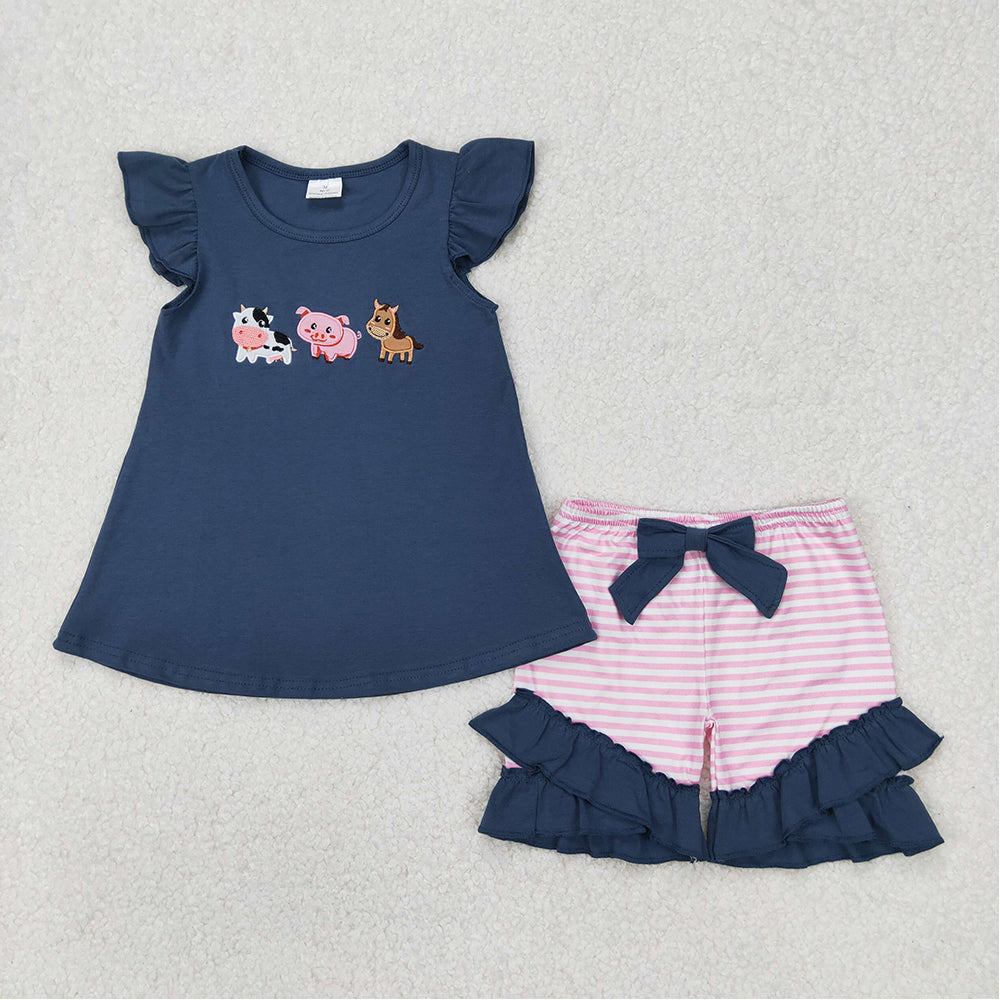 GSSO2110  Baby Girls Navy Animal Print Shorts Clothes Sets