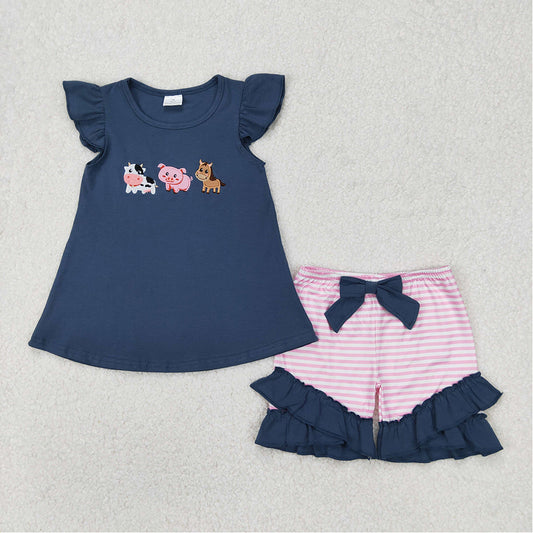 GSSO2110 Baby Girls Blue Farm Animals Shirt Stripes Shorts Clothes Sets D 3.21