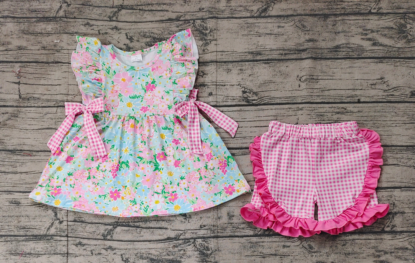 GSSO2111  Baby Girls Blue Pink Flowers Bows Tunic Ruffle Shorts Clothes Sets  D 5.6