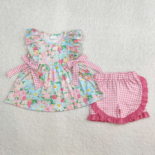 GSSO2111  Baby Girls Blue Pink Flowers Bows Tunic Ruffle Shorts Clothes Sets  D 5.6