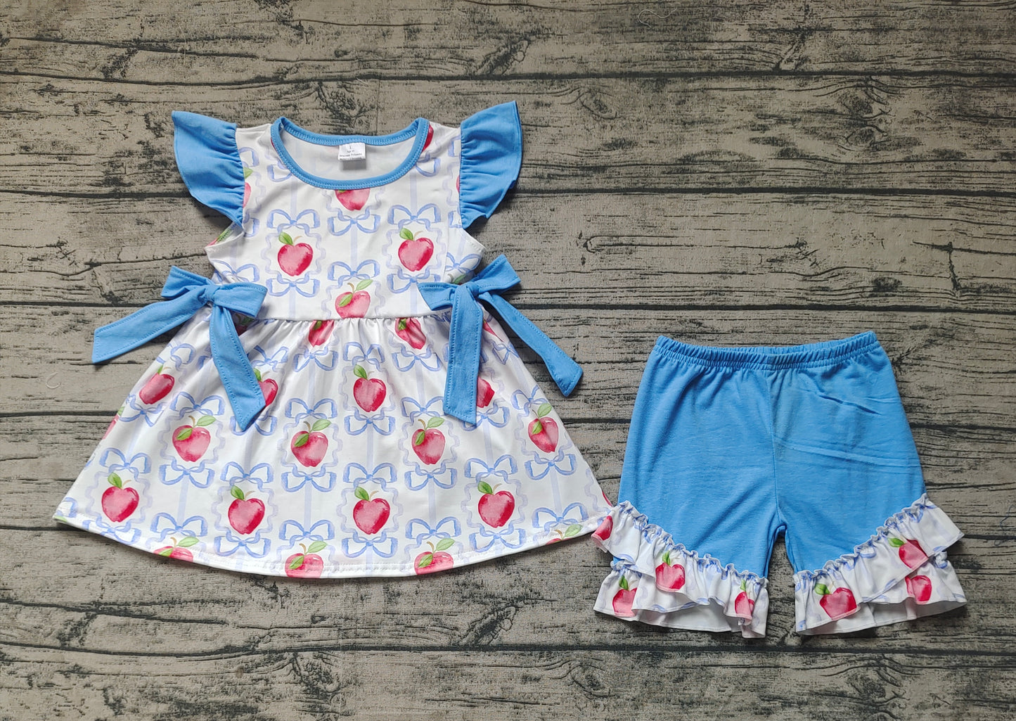 GSSO2114 Baby Girls Apple Bows Tunic Ruffle Shorts Clothes Sets  D 3.10