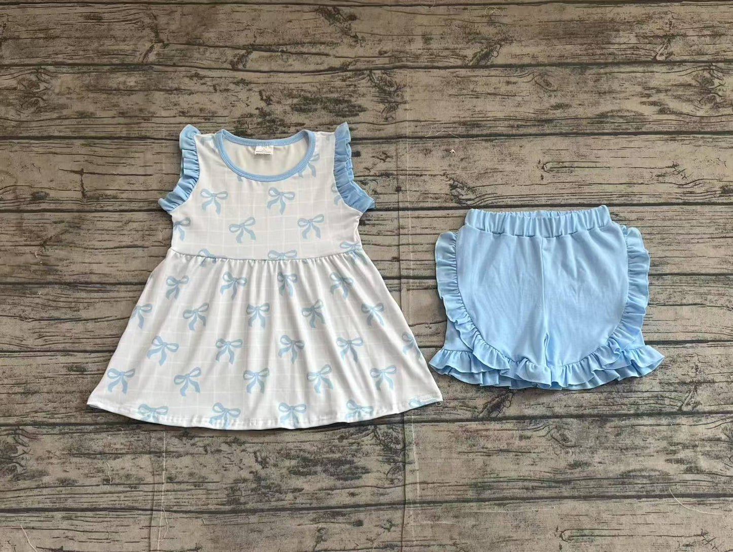 GSSO2120  Baby Girls Blue Bows Sleeveless Tunic Ruffle Shorts Clothes Sets  D 3.15