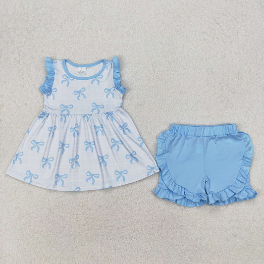 GSSO2120  Baby Girls Blue Bows Sleeveless Tunic Ruffle Shorts Clothes Sets  D 3.15