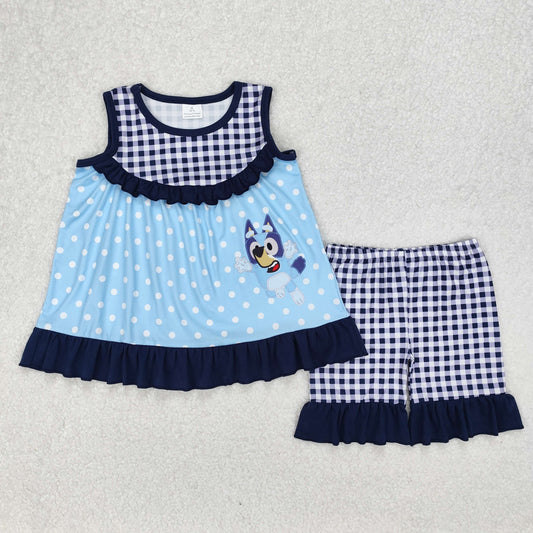 GSSO2124 Baby Girls Blue Dots Dogs Tunic Ruffle Shorts Clothes Sets D 3.10