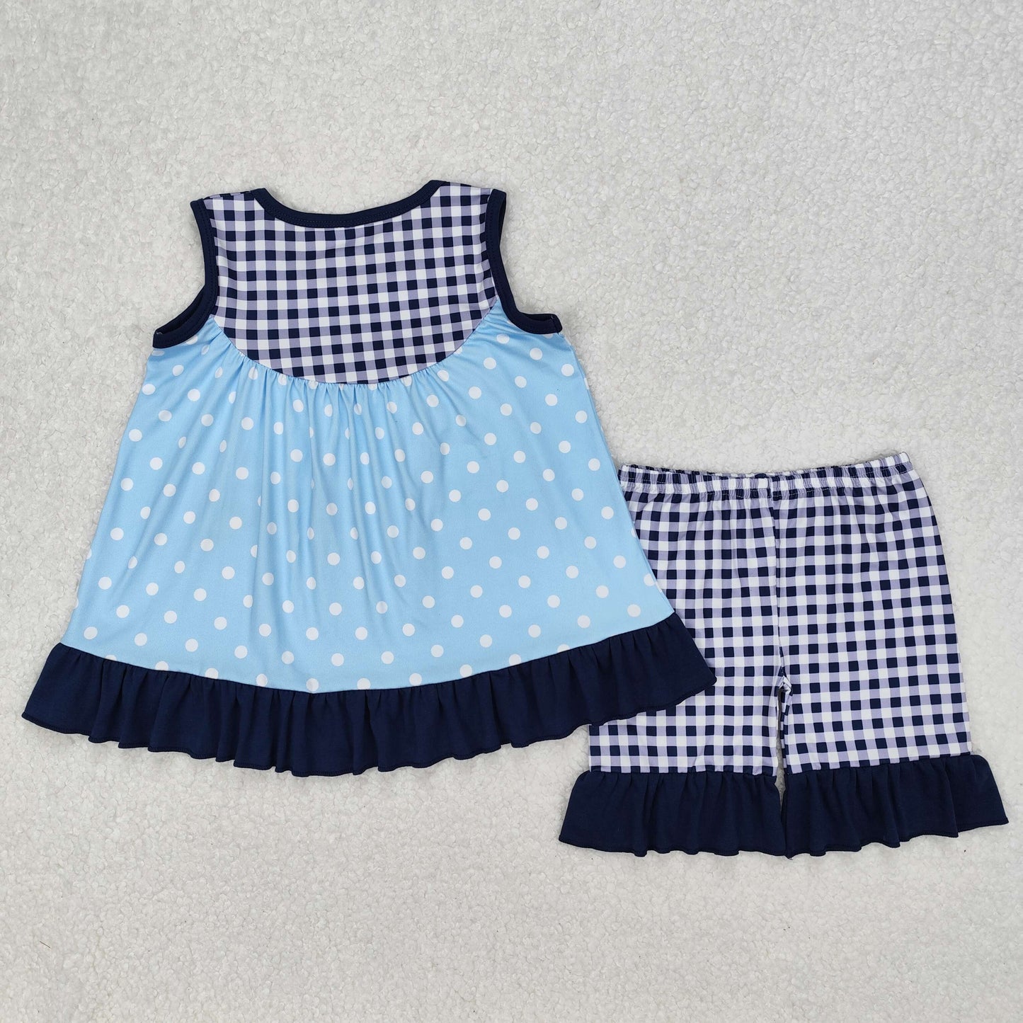 GSSO2124  Baby Girls Blue Dots Dogs Tunic Ruffle Shorts Clothes Sets  D 3.10