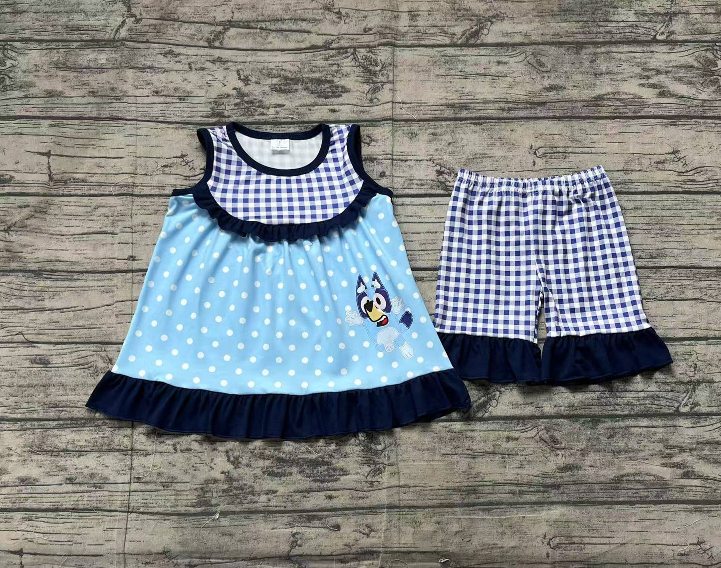 GSSO2124  Baby Girls Blue Dots Dogs Tunic Ruffle Shorts Clothes Sets  D 3.10