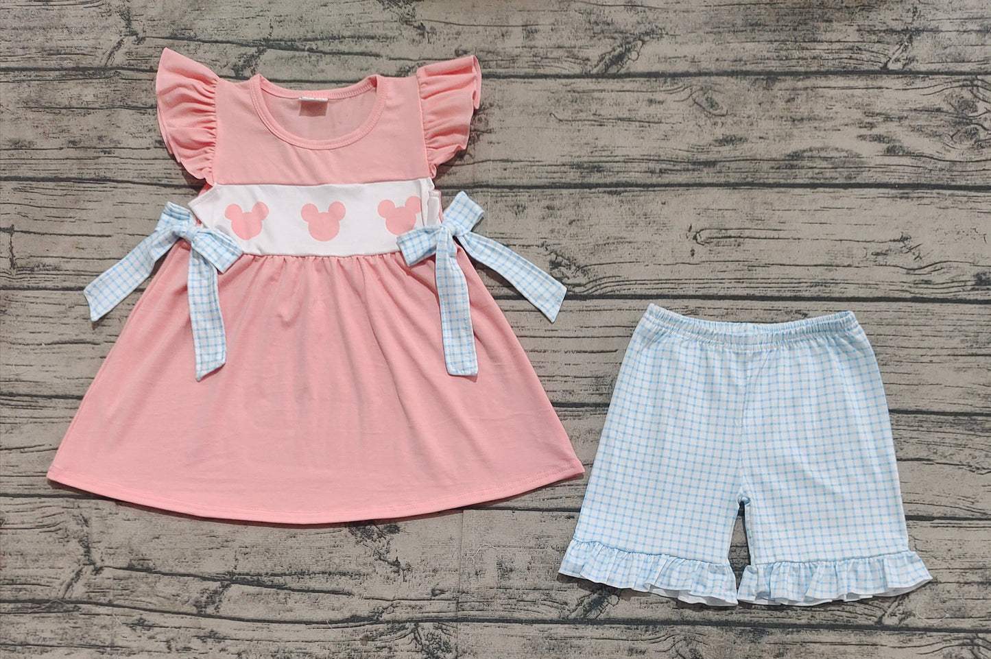 GSSO2126 Baby Girls Pink Cartoon Mouse Bows Top Ruffle Shorts Clothes Sets   D 3.18