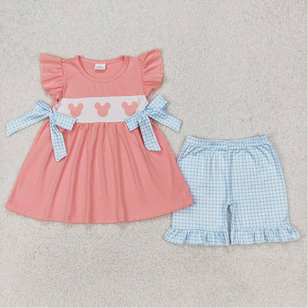GSSO2126 Baby Girls Pink Cartoon Mouse Bows Top Ruffle Shorts Clothes Sets   D 3.18