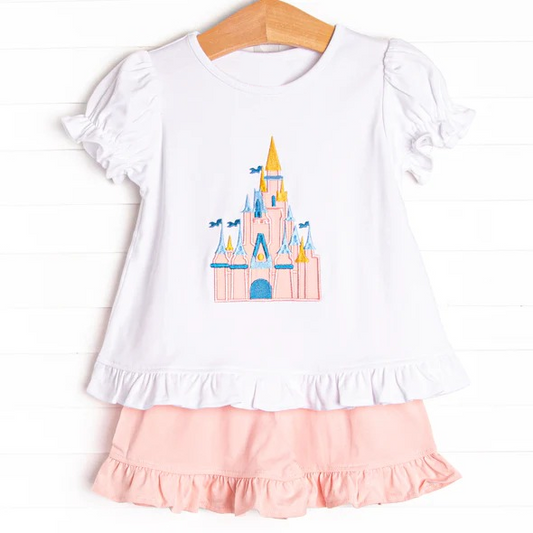 presale GSSO2128   Baby Girls Castle Short Sleeve Top Ruffle Shorts Clothes Sets  D 2.7