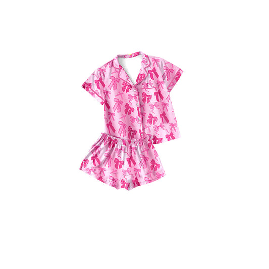 presale GSSO2134   Baby Girls Pink Bows Buttons Top Shorts Pajamas Clothes Sets  D 2.7