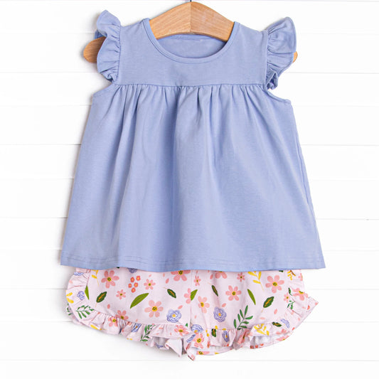 presale GSSO2136 Baby Girls Blue Tunic Top Ruffle Flowers Shorts Clothes Sets D 2.8