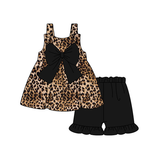 presale GSSO2137 Baby Girls Black Leopard Bow Tunic Top Ruffle Shorts Clothes Sets   D 2.8