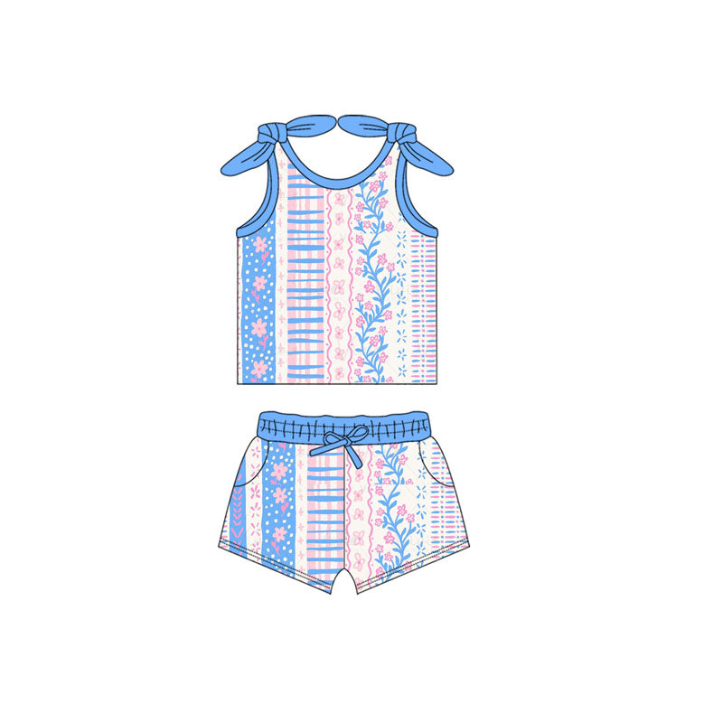 presale GSSO2139 Baby Girls Blue Flowers Bow Shirt Pockets Shorts Clothes Sets   D 2.10
