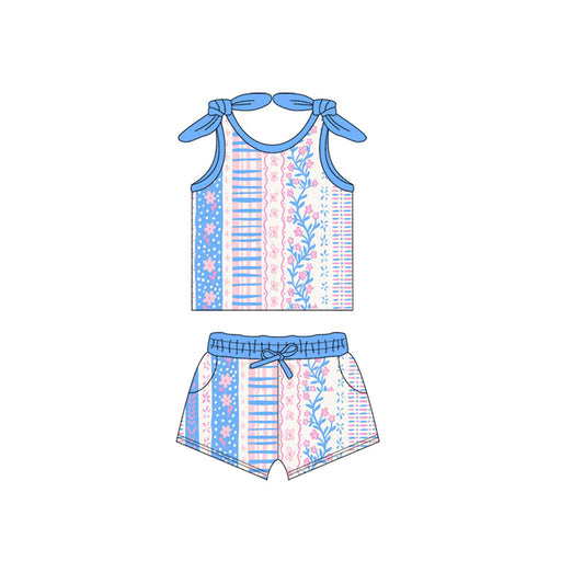 presale GSSO2139 Baby Girls Blue Flowers Bow Shirt Pockets Shorts Clothes Sets D 2.10