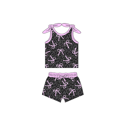 presale GSSO2140 Baby Girls Black Leopard Bow Top Shorts Clothes Sets D 2.11