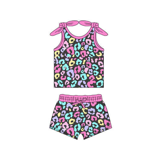 presale GSSO2141  Baby Girls Colorful Leopard Bow Top Shorts Clothes Sets   D 2.11