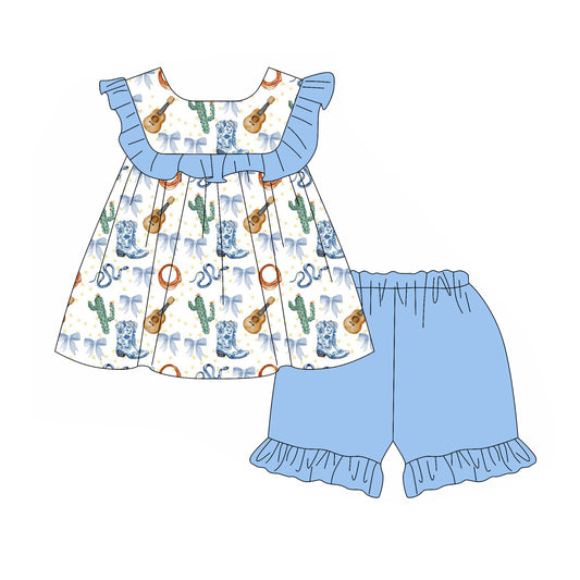 presale GSSO2143 Baby Girls Western Boots Cactus Top Ruffle Shorts Clothes Sets D 2.11