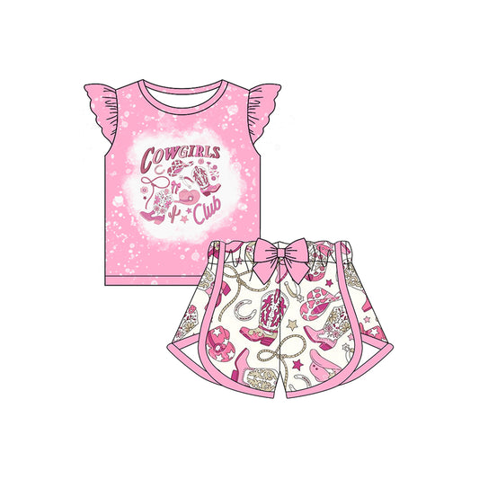 presale GSSO2145 Baby Girls Western Cowgirls Club Top Bow Shorts Clothes Set D 2.11