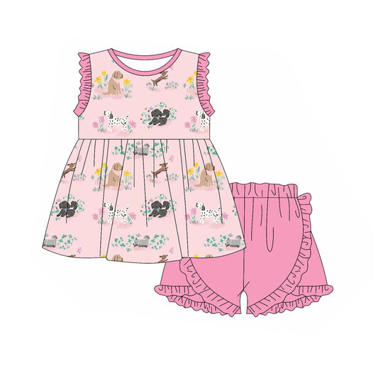 presale GSSO2147  Baby Girls Pink Animal Dogs Top Ruffle Shorts Clothes Sets  D 2.11