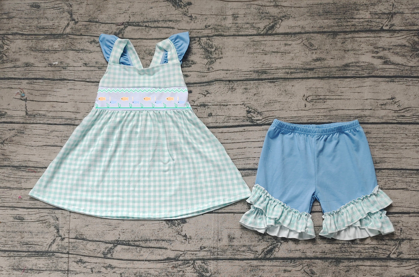 GSSO2148 Baby Girls Green Fishes Straps Tunic Top Ruffle Shorts Clothes Sets  D 3.20