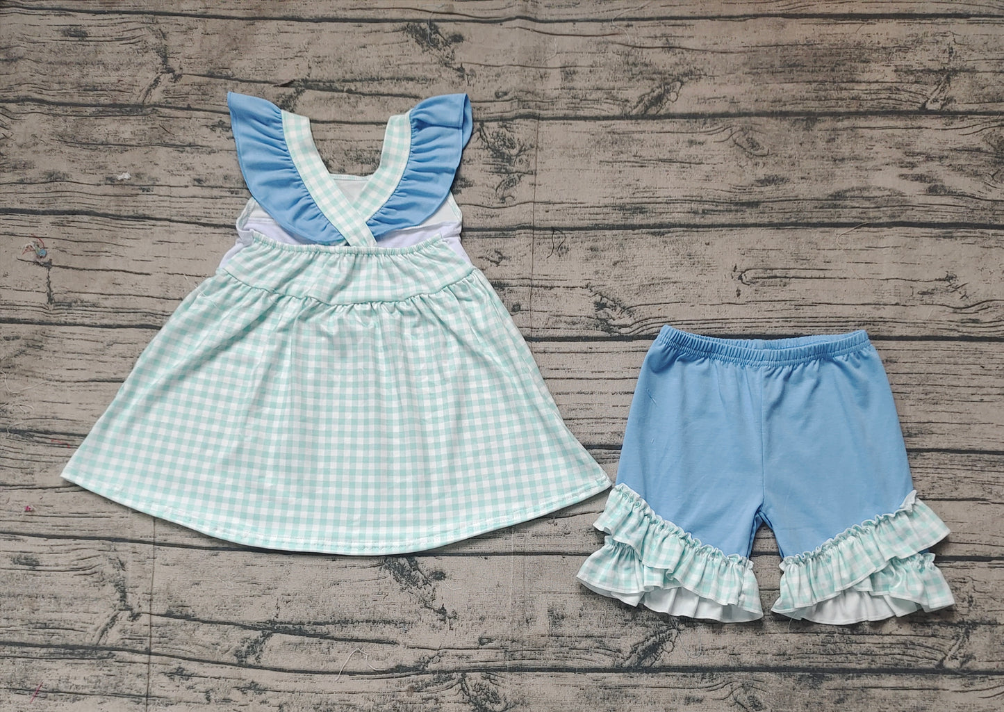 GSSO2148 Baby Girls Green Fishes Straps Tunic Top Ruffle Shorts Clothes Sets  D 3.20