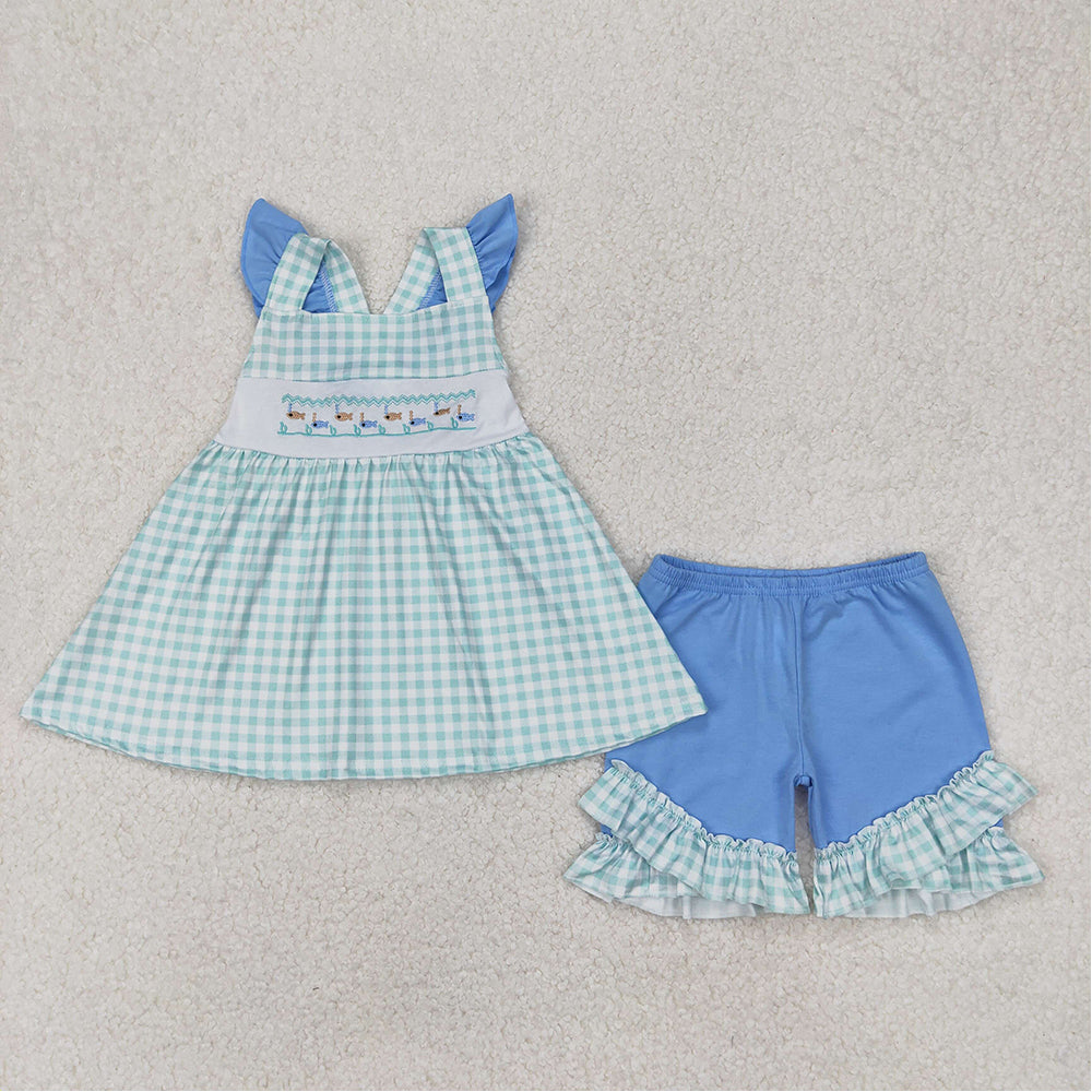 GSSO2148 Baby Girls Green Fishes Straps Tunic Top Ruffle Shorts Clothes Sets  D 3.20