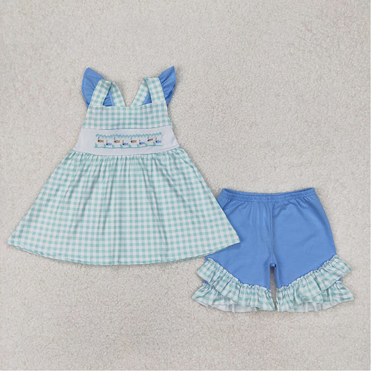 GSSO2148 Baby Girls Green Fishes Straps Tunic Top Ruffle Shorts Clothes Sets  D 3.20