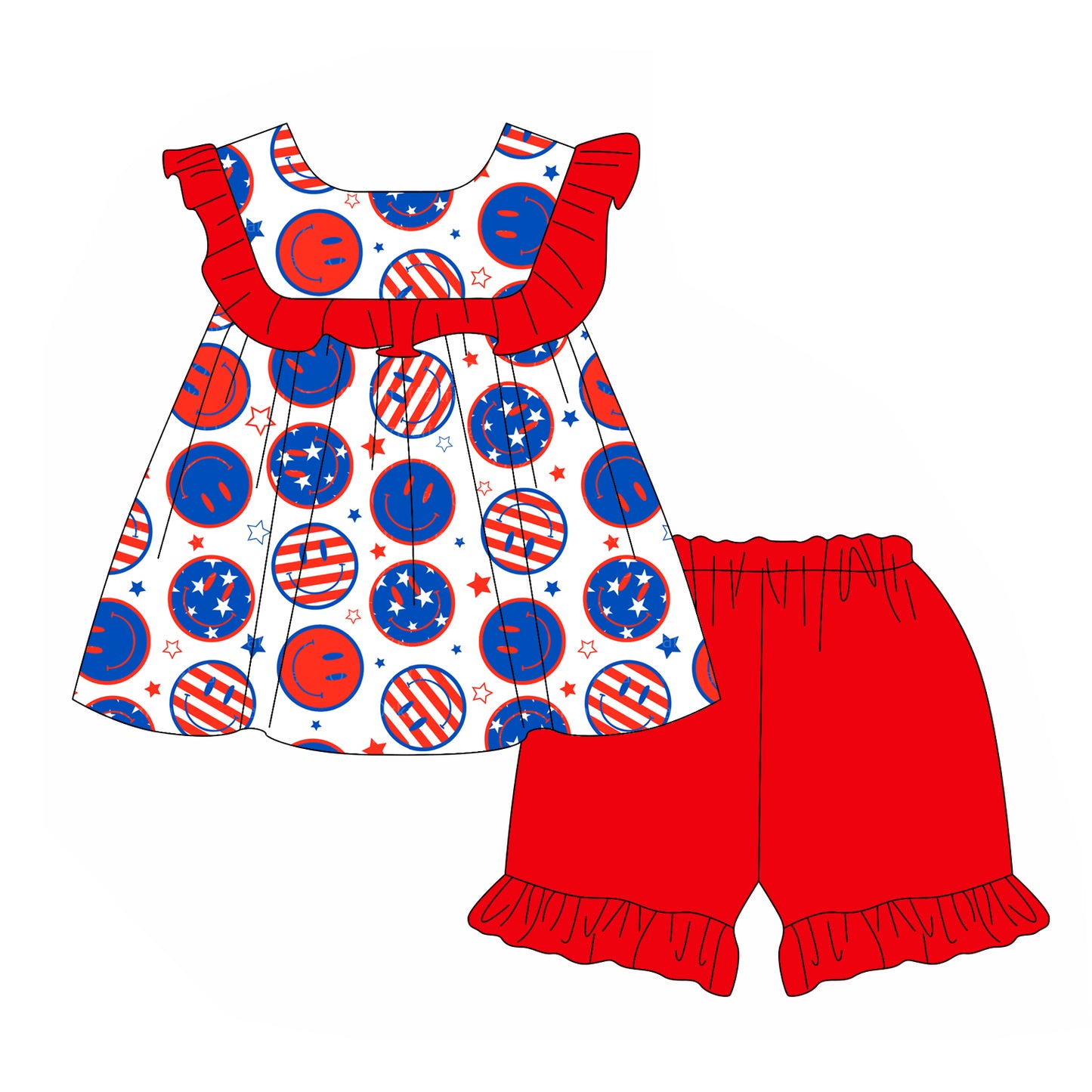 presale GSSO2150  Baby Girls 4th Of July Smile Top Ruffle Shorts Clothes Sets  D 2.11