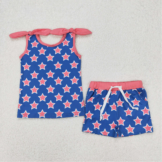 GSSO2151 Baby Girls 4th Of July Stars Bow Shirt Shorts Clothes Sets   D 3.17