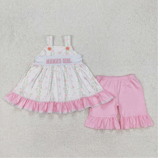 GSSO2153  Baby Girls Pink Bows Mama's Girl Straps Tunic Ruffle Shorts Clothes Sets  D 3.21