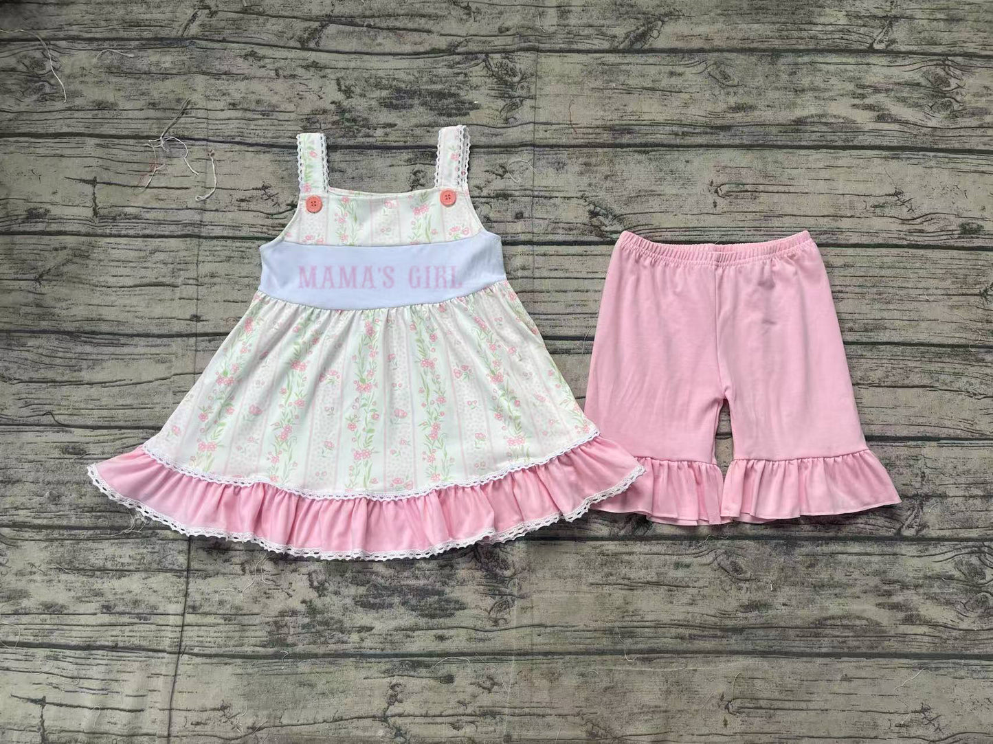 GSSO2153  Baby Girls Pink Bows Mama's Girl Straps Tunic Ruffle Shorts Clothes Sets  D 3.21