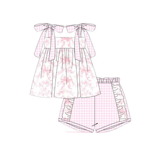presale GSSO2154  Baby Girls Pink Bows Straps Tunic Ruffle Shorts Clothes Sets  D 2.12