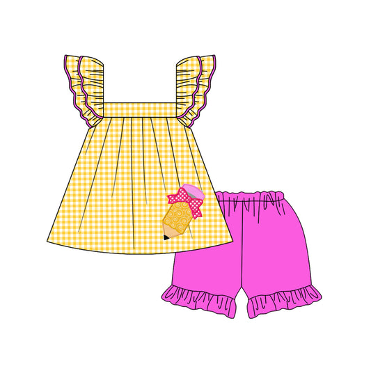 presale GSSO2157 Baby Girls Back To School Pencil Tunic Ruffle Shorts Clothes Sets   D 2.12