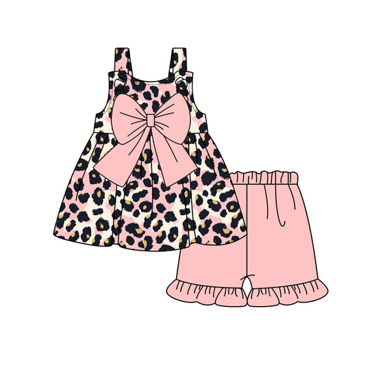 presale GSSO2167 Baby Girls Pink Leopard Bow Tunic Top Ruffle Shorts Clothes Sets D 2.13