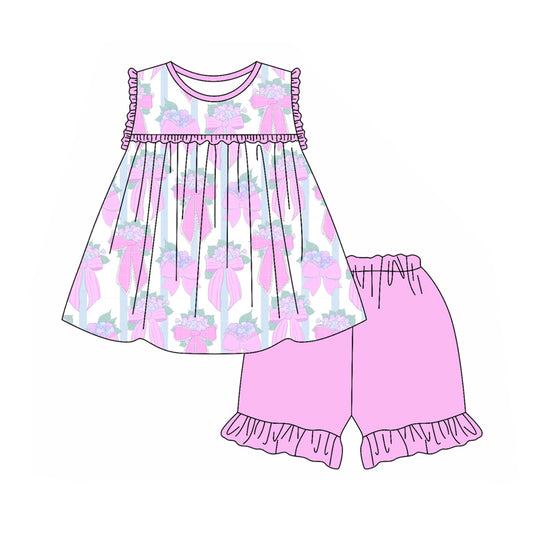 presale GSSO2169  Baby Girls Pink Flowers Bows Tunic Top Ruffle Shorts Clothes Sets  D 2.13