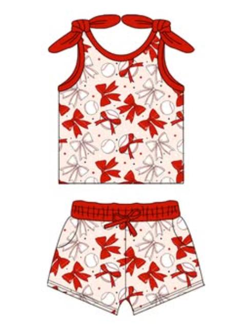 presale GSSO2170 Beige Sleeveless Shorts Set with Red Baseball Bow Pattern D 2.13