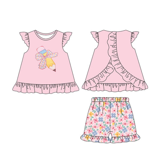 presale GSSO2172  Baby Girls Pink Flowers Back To School Pencils Top Shorts Clothes Sets  D 2.13