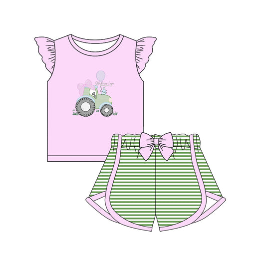 presale GSSO2173 Tractor bow pattern pink flying sleeves green striped shorts set D 2.13