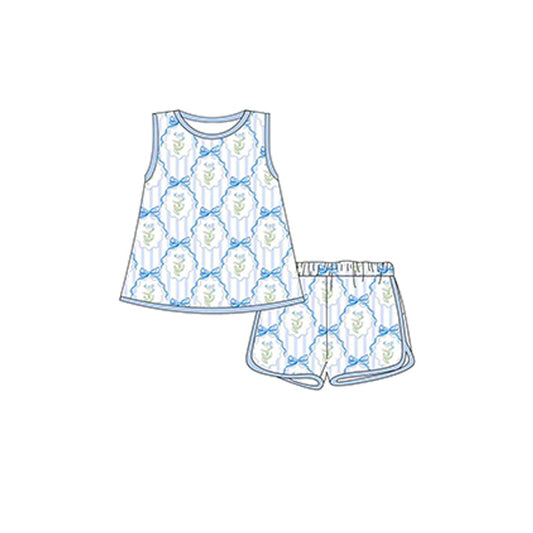 presale GSSO2175 Blue bow flower vertical stripes white sleeveless shorts suit  D 2.13