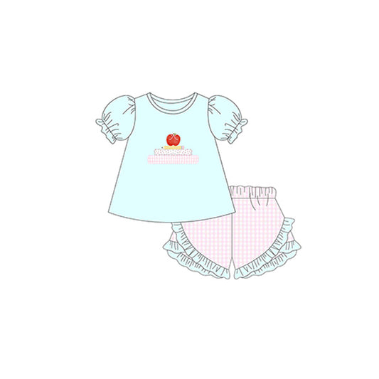 presale GSSO2177 Back to School Apple Pencil Light Green Lantern Sleeve Short Sleeve Pink Plaid Shorts Set D 2.13