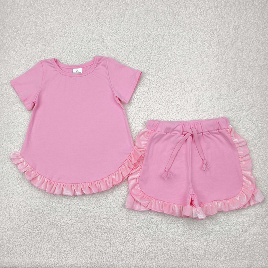 GSSO2181 Baby Girls Pink Cotton Top Ruffle Shorts Clothes Sets   D 4.12