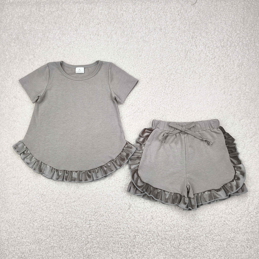 GSSO2182  Baby Girls Olive Green Cotton Top Ruffle Shorts Clothes Sets  D 4.12