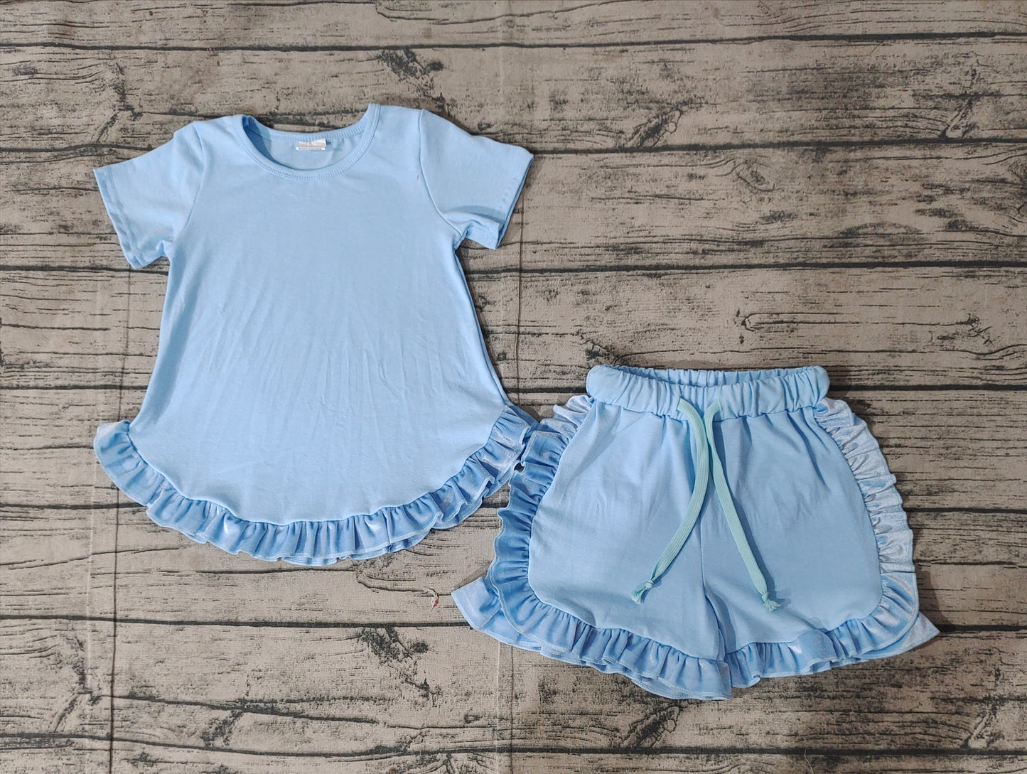 GSSO2183 Baby Girls Blue Cotton Top Ruffle Shorts Clothes Sets   D 3.24