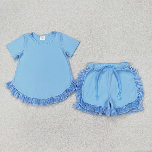 GSSO2183 Baby Girls Blue Cotton Top Ruffle Shorts Clothes Sets   D 3.24