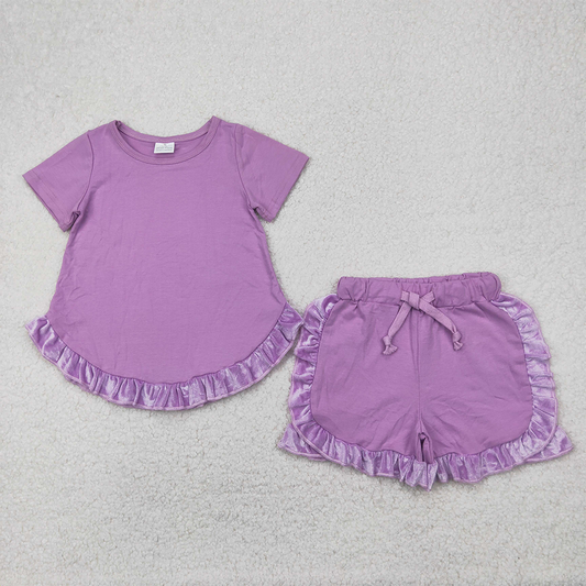 GSSO2184  Baby Girls Lavender Cotton Top Ruffle Shorts Clothes Sets D 4.7