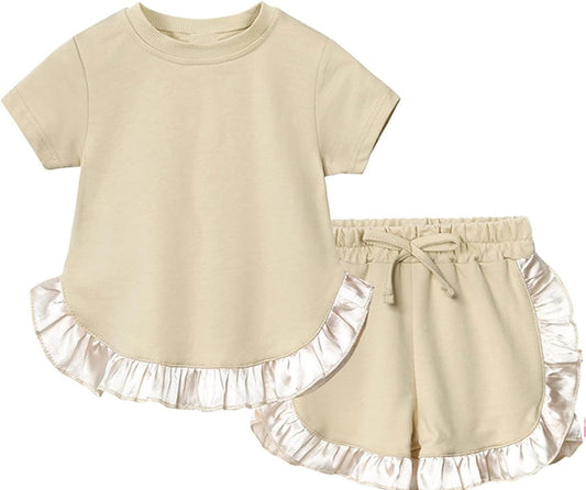 presale GSSO2185 Baby Girls Khaki Cotton Top Ruffle Shorts Clothes Sets D 2.14