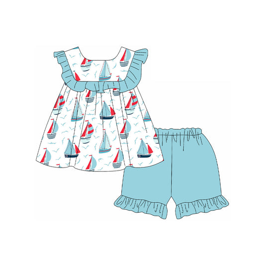 presale GSSO2190 Baby Girls Sailboat Ruffle Tunic Top Shorts Clothes Sets  D 2.14