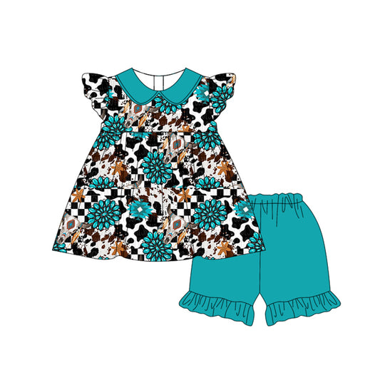 presale GSSO2191 Baby Girls Turquoise Cow Flutter Sleeve Tunic Top Ruffle Shorts Clothes Sets D 2.14