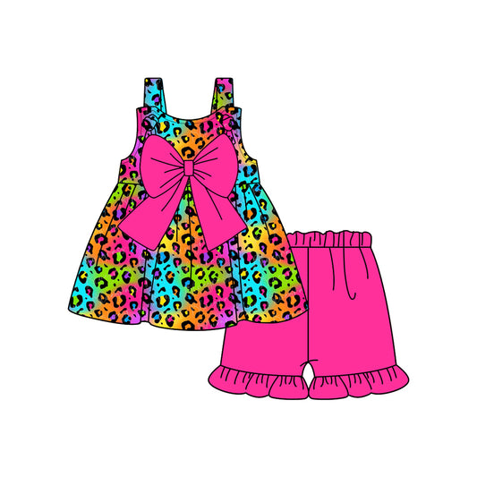 presale GSSO2192  Baby Girls Pink Leopard Bow Tunic Top Ruffle Shorts Clothes Sets  D 2.14